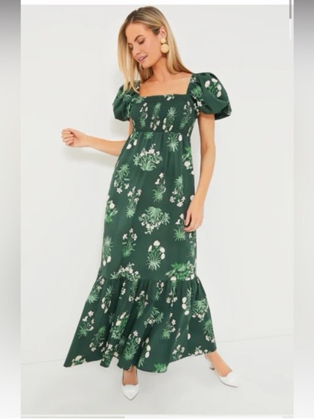 Tuckernuck Green Floral Puff-Sleeve Maxi Dress
